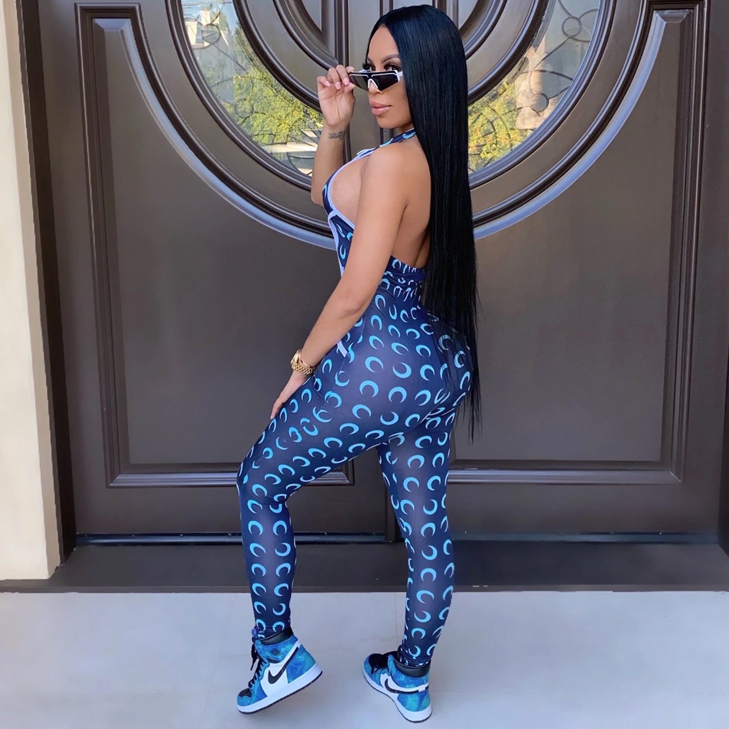 Women Crescent Moon Print Halter Neck Jumpsuit