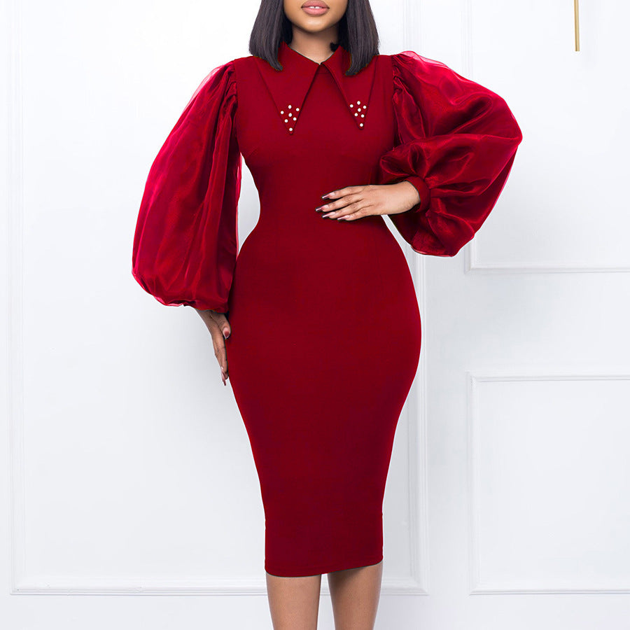 Women'S Spring Autumn Long Sleeve Plus Size Beaded Mesh Patchwork Career Bodycon Pencil Dress