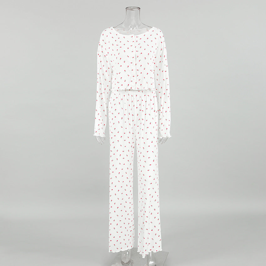 Women fall casual floral print long-sleeved top and pants Pajama set 11