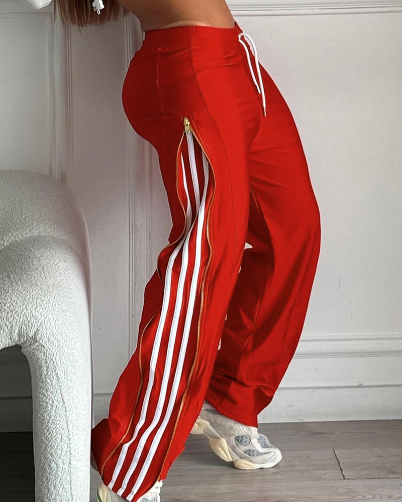 Women's Side Color Block Ribbon High Slit Zipper Wide Leg Sports Pants 4