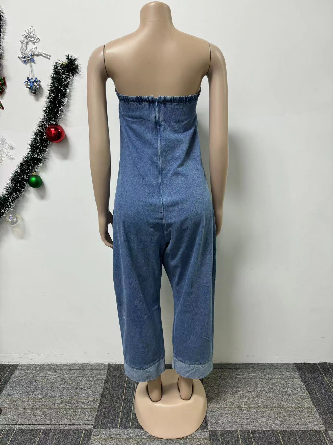 Denim Cargo Multi-Pocket Patchwork Loose Strapless Jumpsuit 9