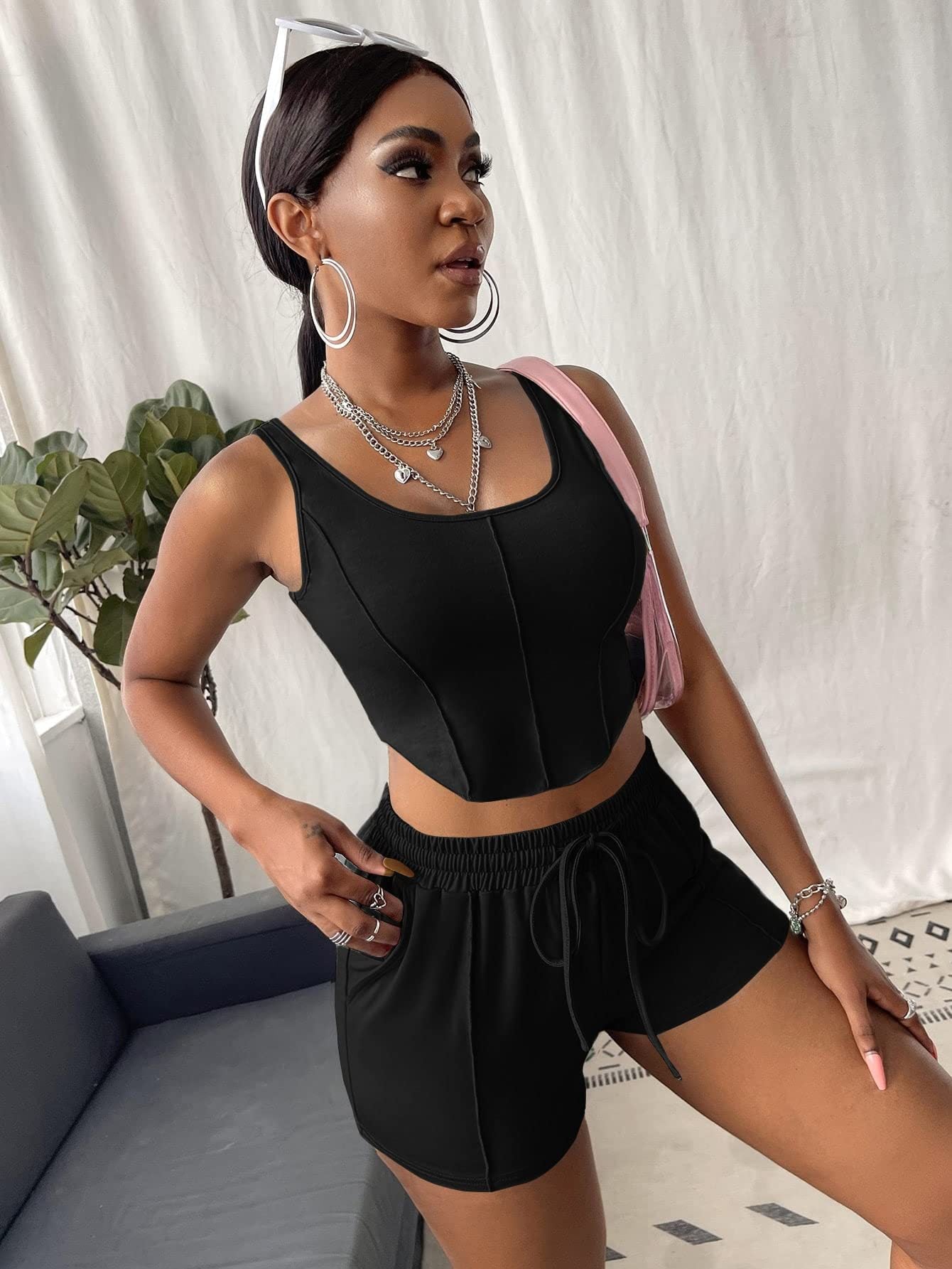 Women Sexy Irregular Top and Solid Shorts Two-Piece Set 22