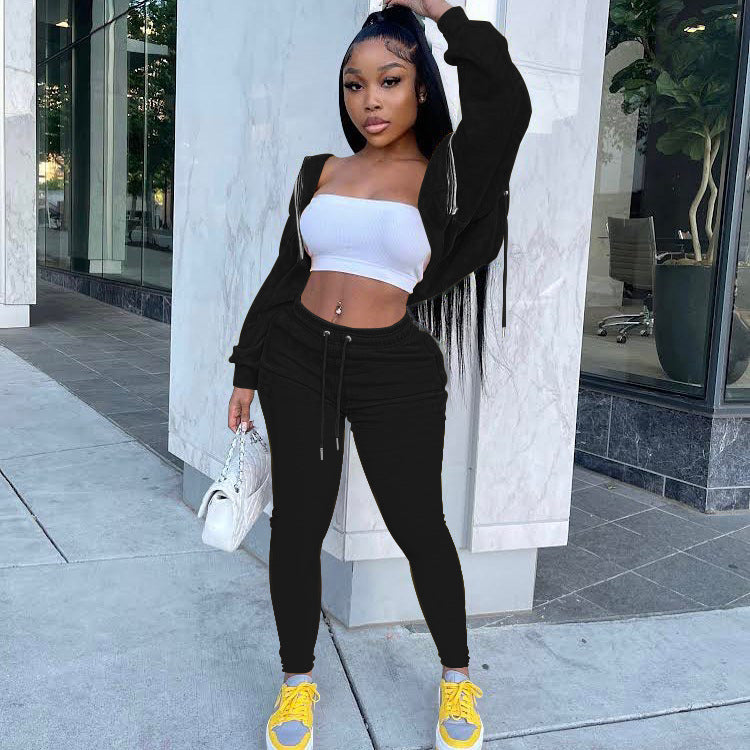 Women Casual Solid Hoodies and Pant Two-Piece Set 3