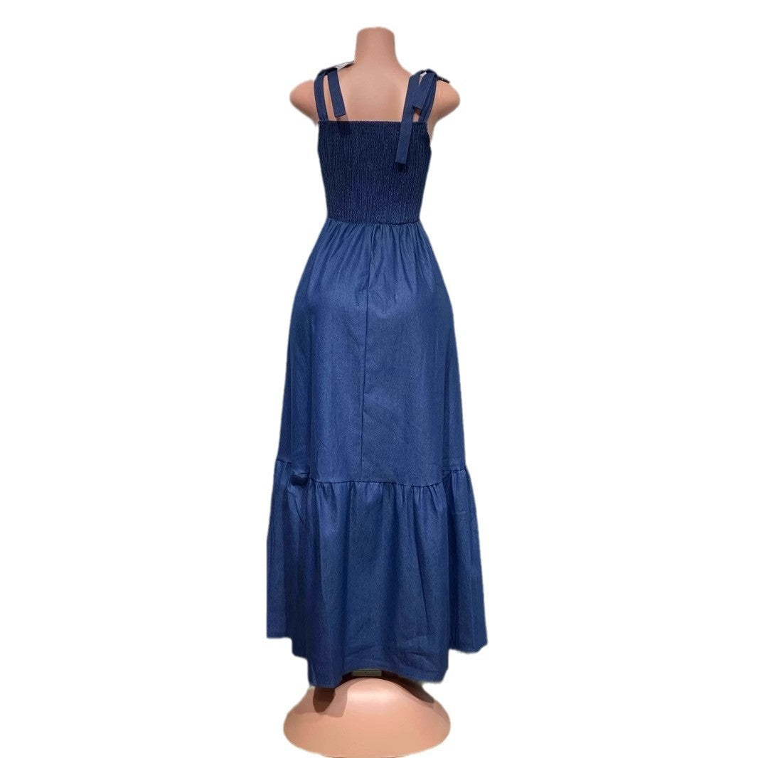 Women strapless off-the-shoulder lace-up denim dress 8