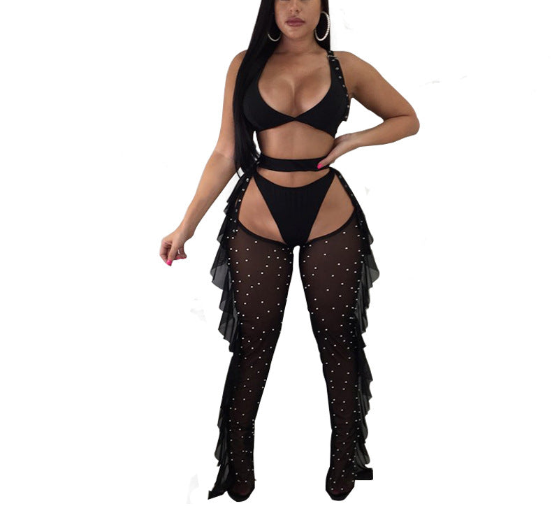 Women's Sexy Mesh Beading Mesh Ruffle Pants Set