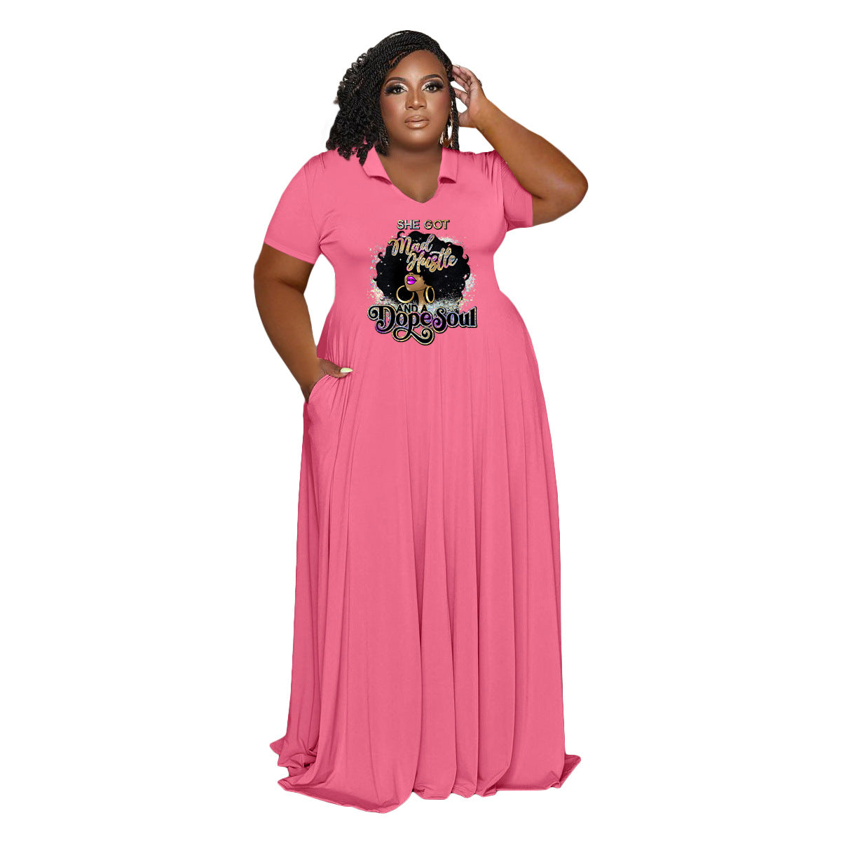 Plus Size Women Casual Turndown Collar Printed Short Sleeve Maxi Dress 12