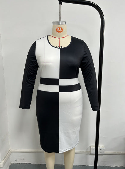 Plus Size Women's Fashion Casual Color Block High Waist Round Neck Long-Sleeve Bodycon Dress 8