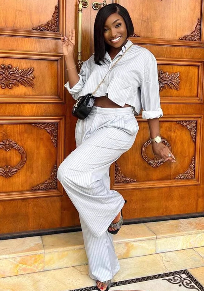 Plus Size Women African Stripe Turndown Collar Shirt Casual Wide Leg Pants Two Piece Set