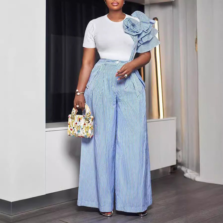 Women Round Neck Short-sleeved Striped Contrast Top and Wide-leg Pants Two-piece Set 3