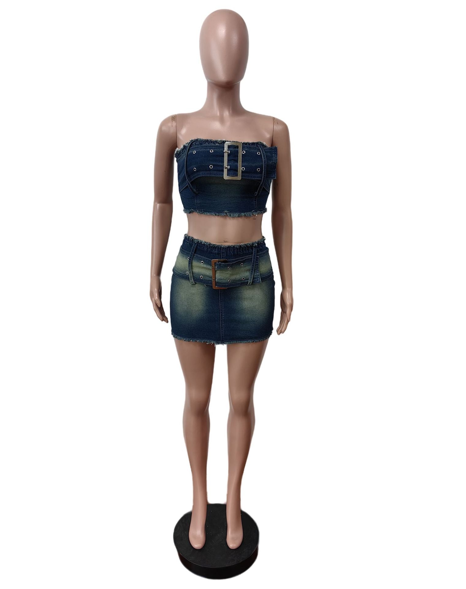 Summer Strapless Belt Elastic Denim Skirt Set 6