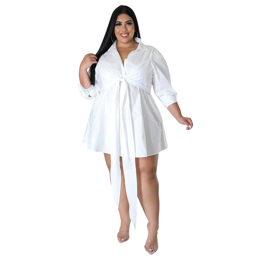 Plus Size Women Sexy Solid Tie Long Sleeve Shirt Dress 11