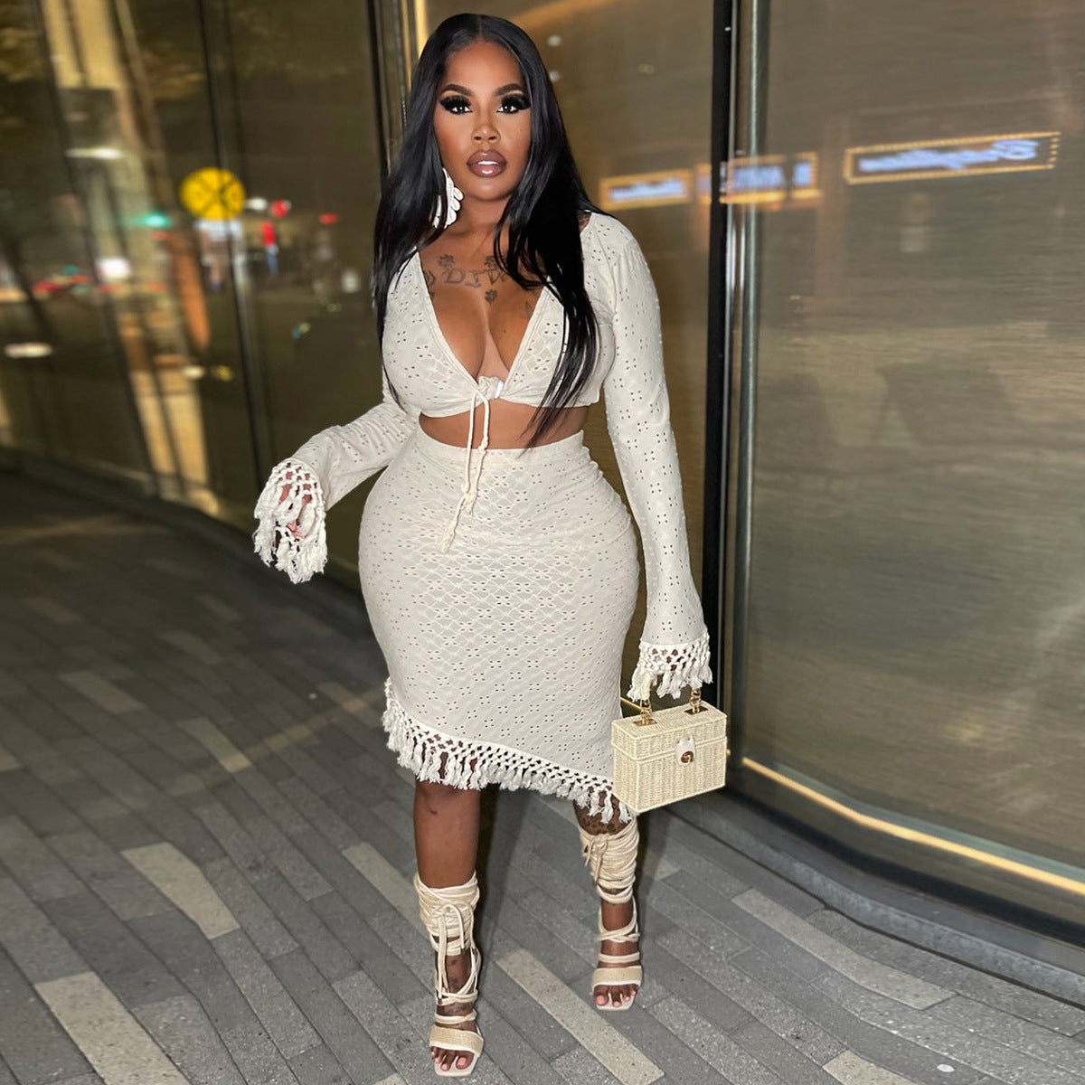 Women Sexy Tassel Long Sleeve Top and Skirt Two-Piece Set 3