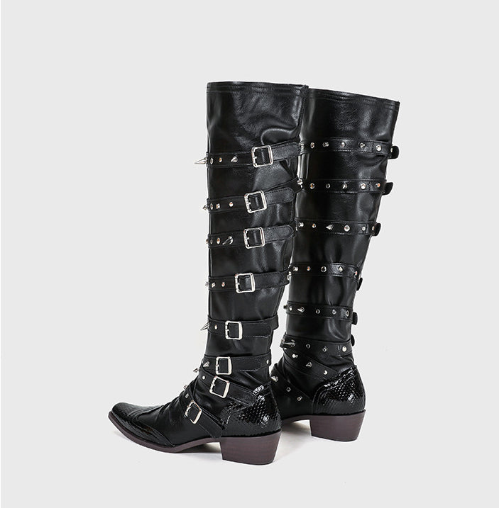 Punk Gothic Wide-Tube Leather Pointed Rivet Long Boots 11
