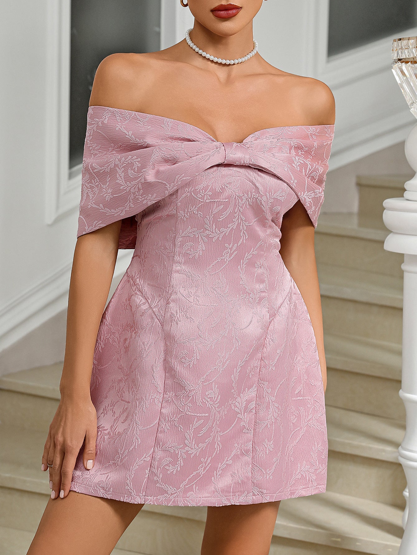 Women's Pink Embroidered Off Shoulder Mini Dress 7