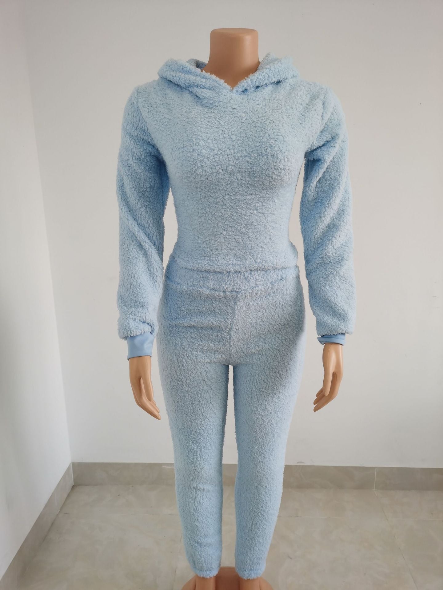 Plus Size Women Sherpa Backless Hood Top and Pant Two Piece Set 11