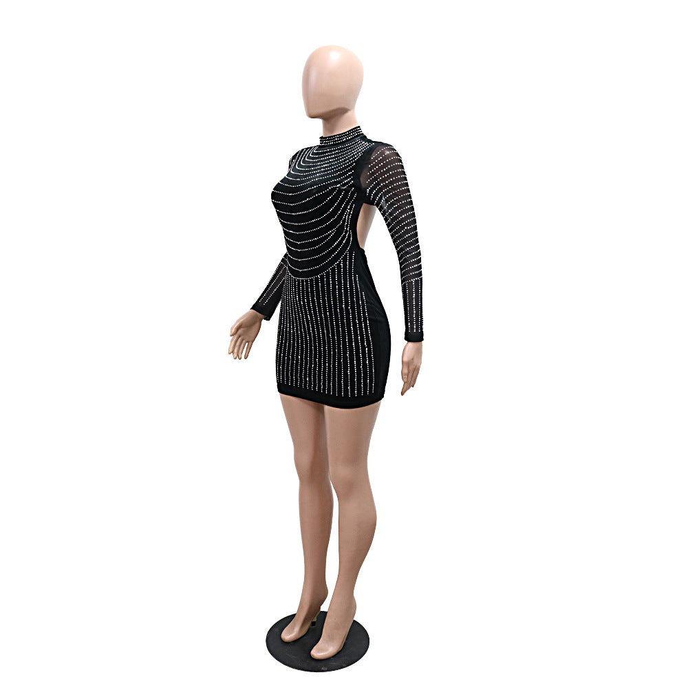 Sexy Low Back Beaded Women's Long-Sleeved Short Bodycon Party Dress 9