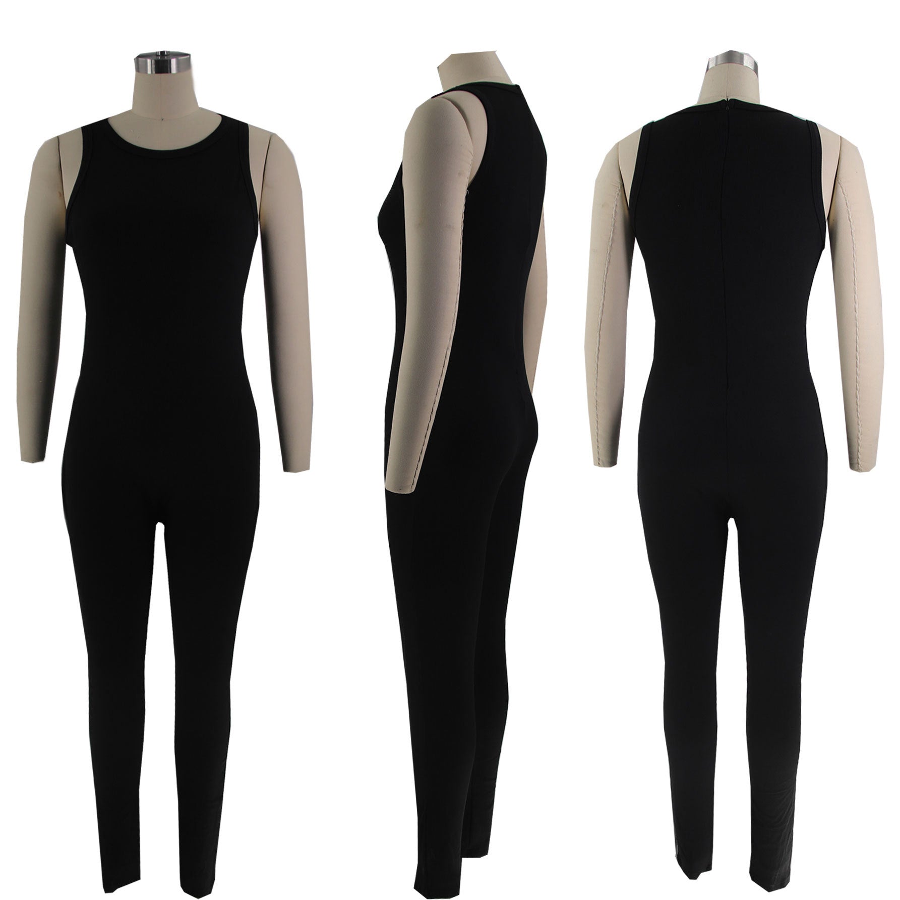 Women Solid Stretch Sleeveless Sexy Round Neck Jumpsuit 10