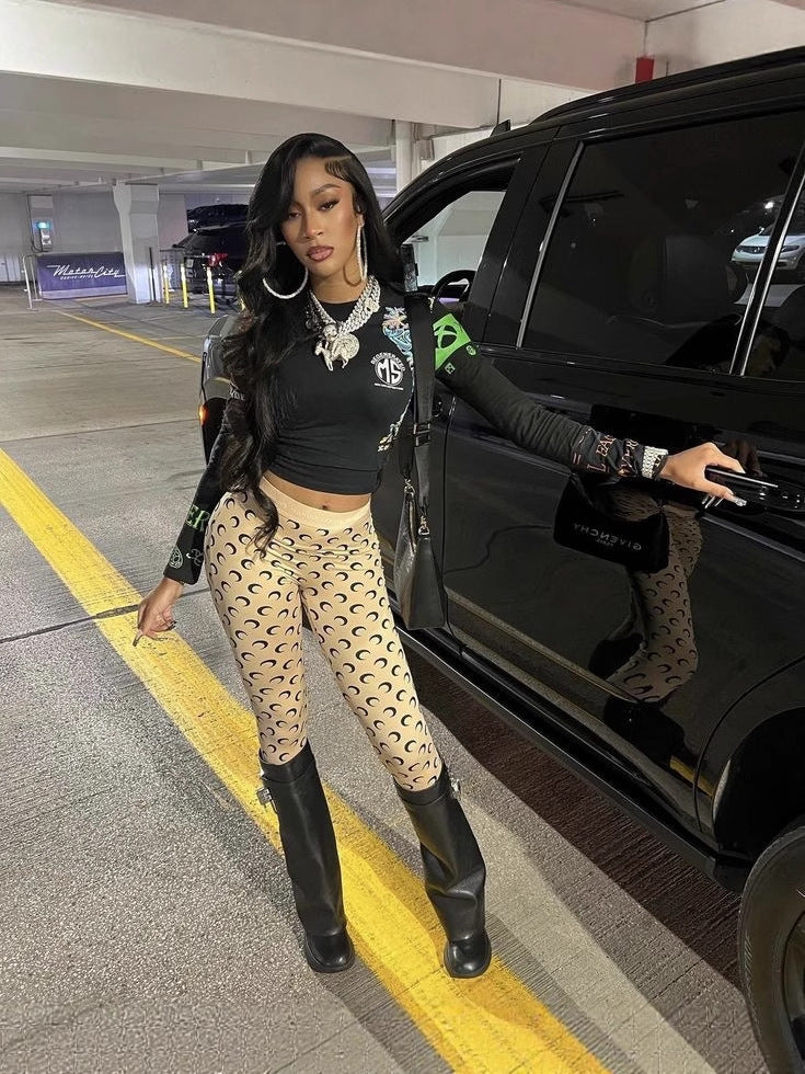 Fashionable Trendy Moon Print Elastic Slim Sexy Top & Trousers Set 5