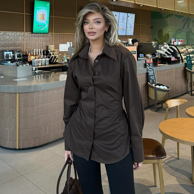 Women Summer Turndown Collar Long Sleeve Shirt Top 5