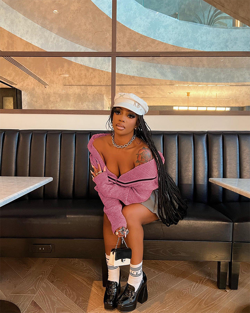 Women contrast color irregular knitting cardigan sweater 6