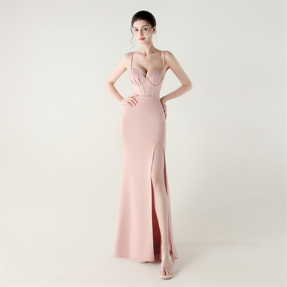 Women Strappy Heart-Shaped Lace Grid Embroidery Beaded Fishbone Formal Party Evening Dress 5