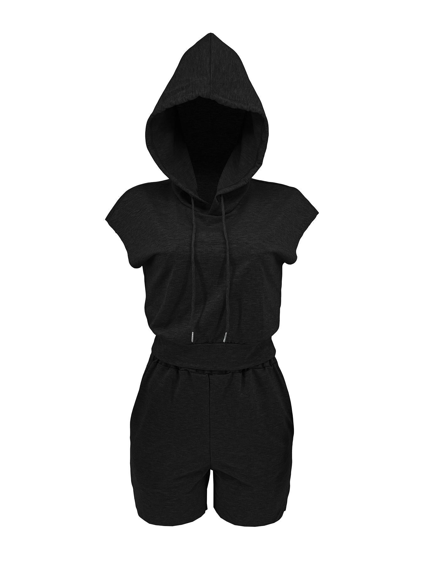 Women Summer Hooded Pocket Sports Solid Top and Shorts Casual Two-piece Set 12