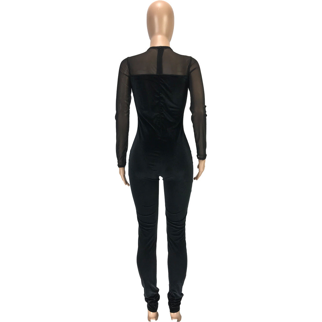 Women Sexy Solid Mesh Patchwork Zip Jumpsuit 13