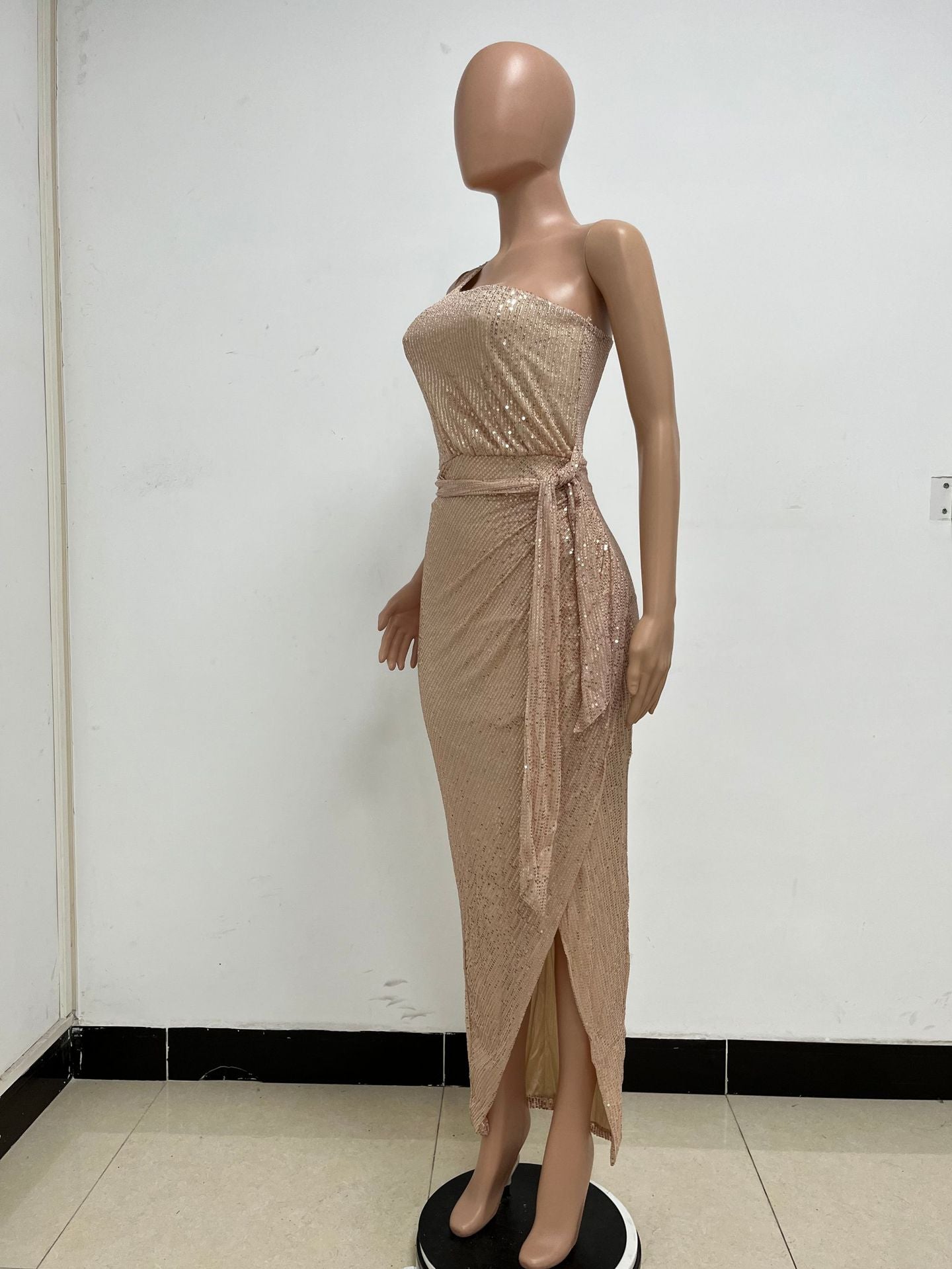 Women's One-Shoulder Lace-Up Sequined Evening Dress 86