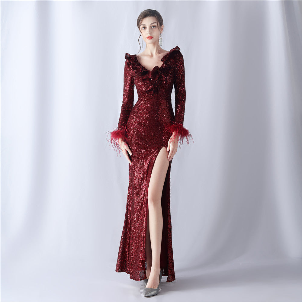 Feathers Sequins Long Sleeve Evening Dress 17