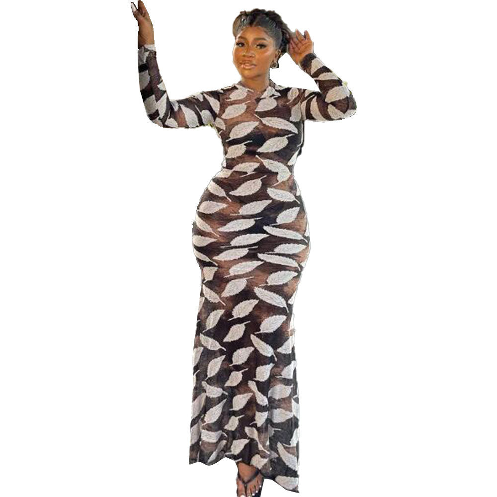 Sexy Printed Stretch Round Neck Long Sleeve Bodycon Tight Fitting Mermaid Long Dress 8