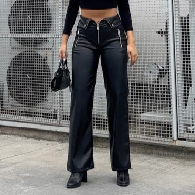 Women Autumn Casual High Waist Loose Wide Leg PU-Leather Pant 8