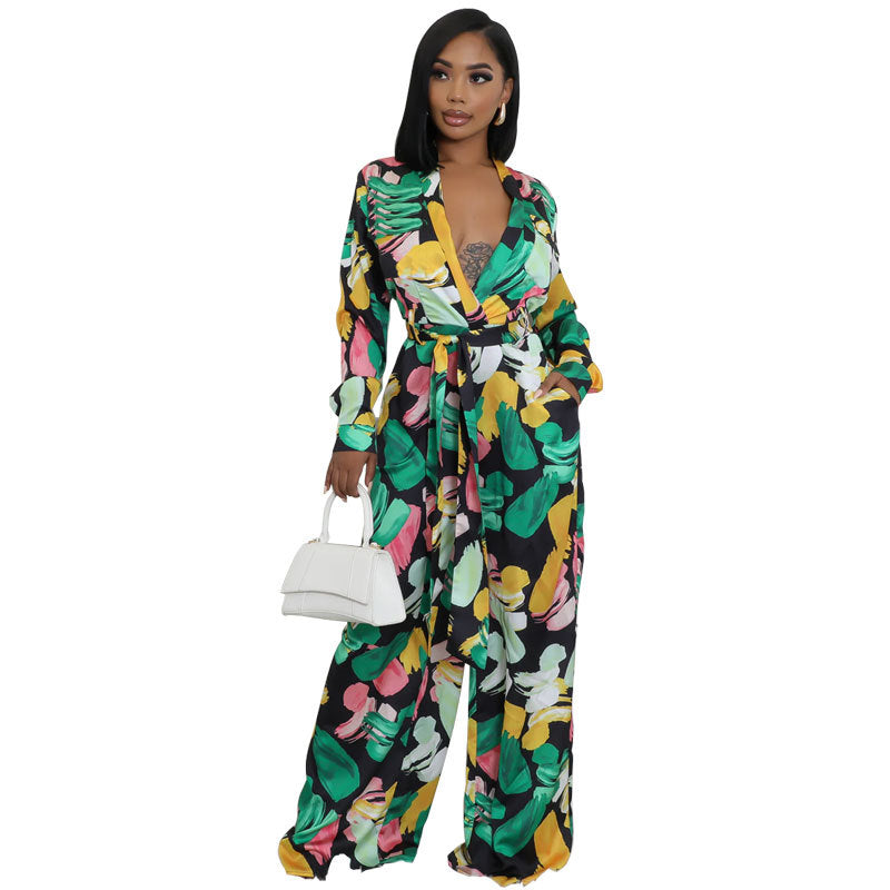 Women's Fashion Printed Long Sleeve High Waist Casual Wide Leg Jumpsuit 4
