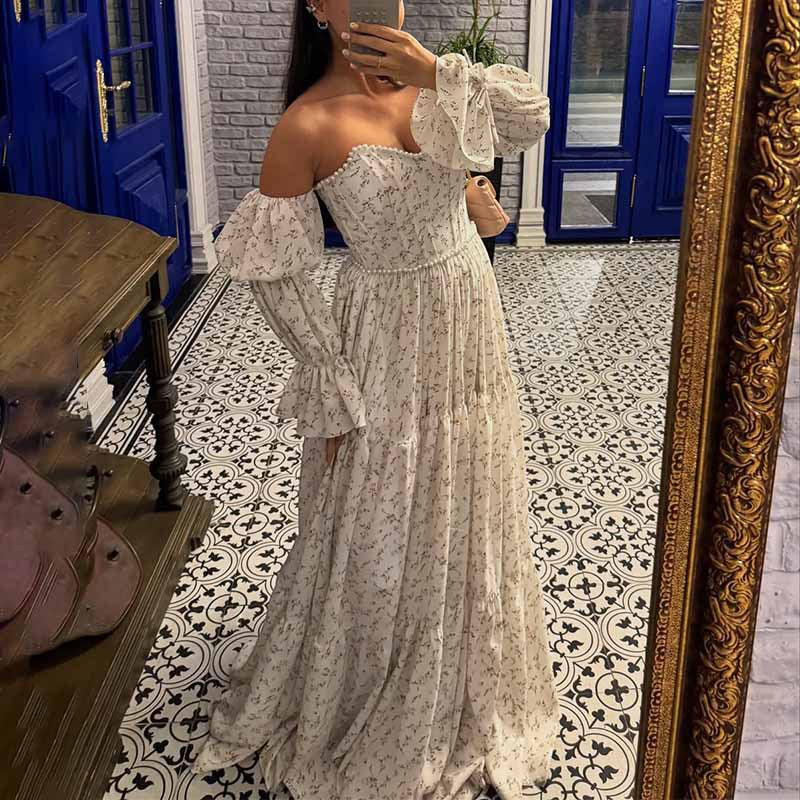 Women Summer White Floral Off-Shoulder Puff Sleeve Tie Dress 3