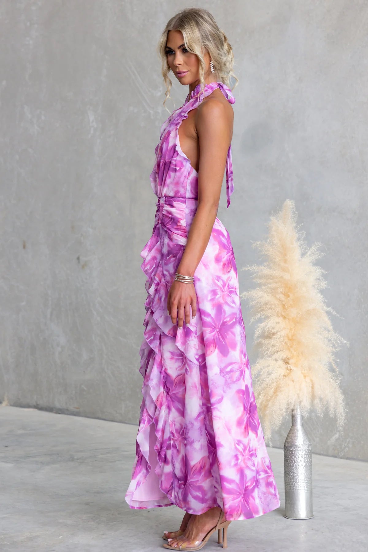 Women Printed Sexy V-Neck Backless Halter Neck Patchwork Ruffle Edge Dress 8