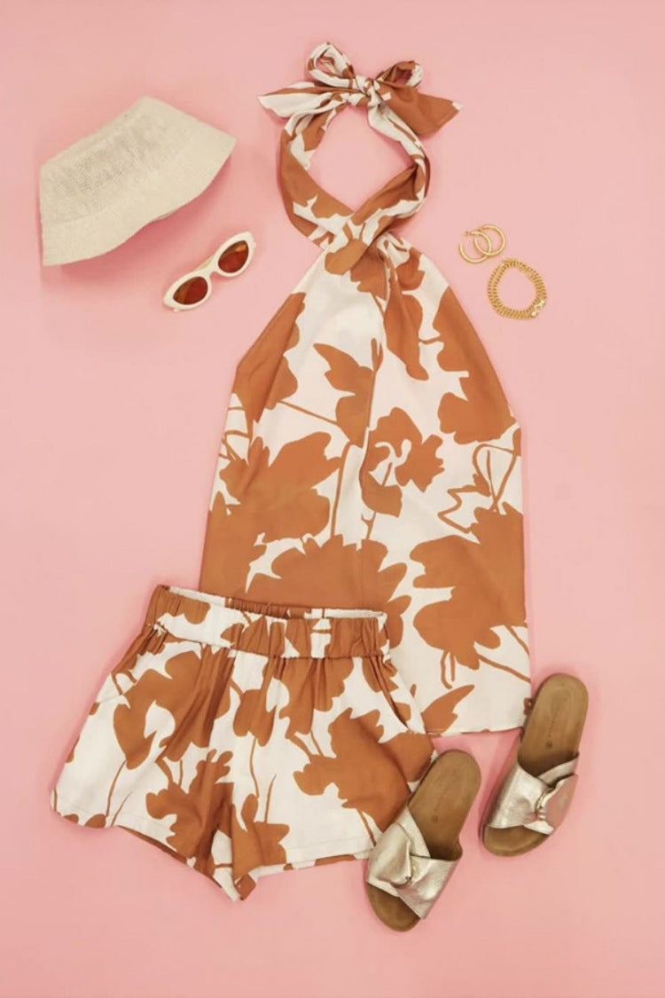 Summer printed Lace-Up Low Back top pocket shorts two-piece set for women 13