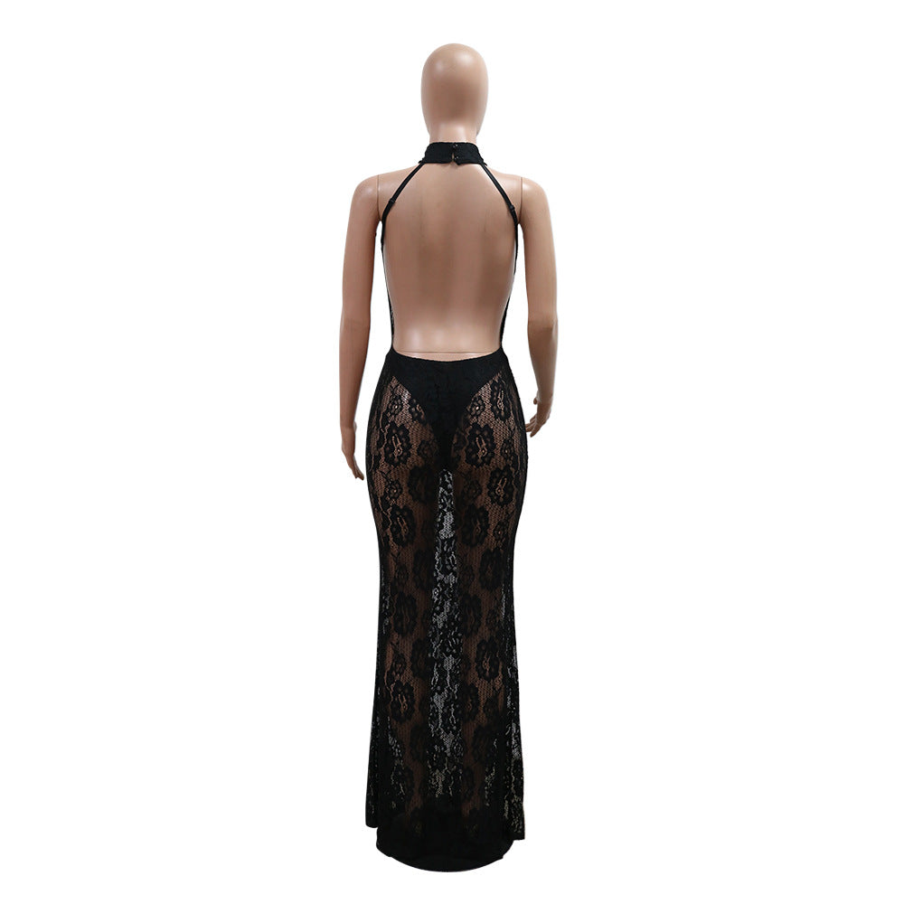 Sexy Fashion Halter Neck See Through Lace Low Back Slim Nightclub Long Dress 7