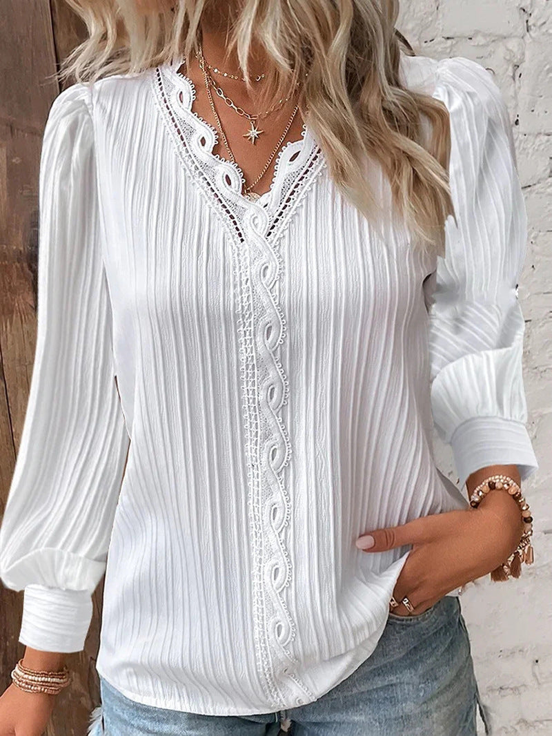 Women Autumn Long Sleeve V Neck Lace Shirt 13
