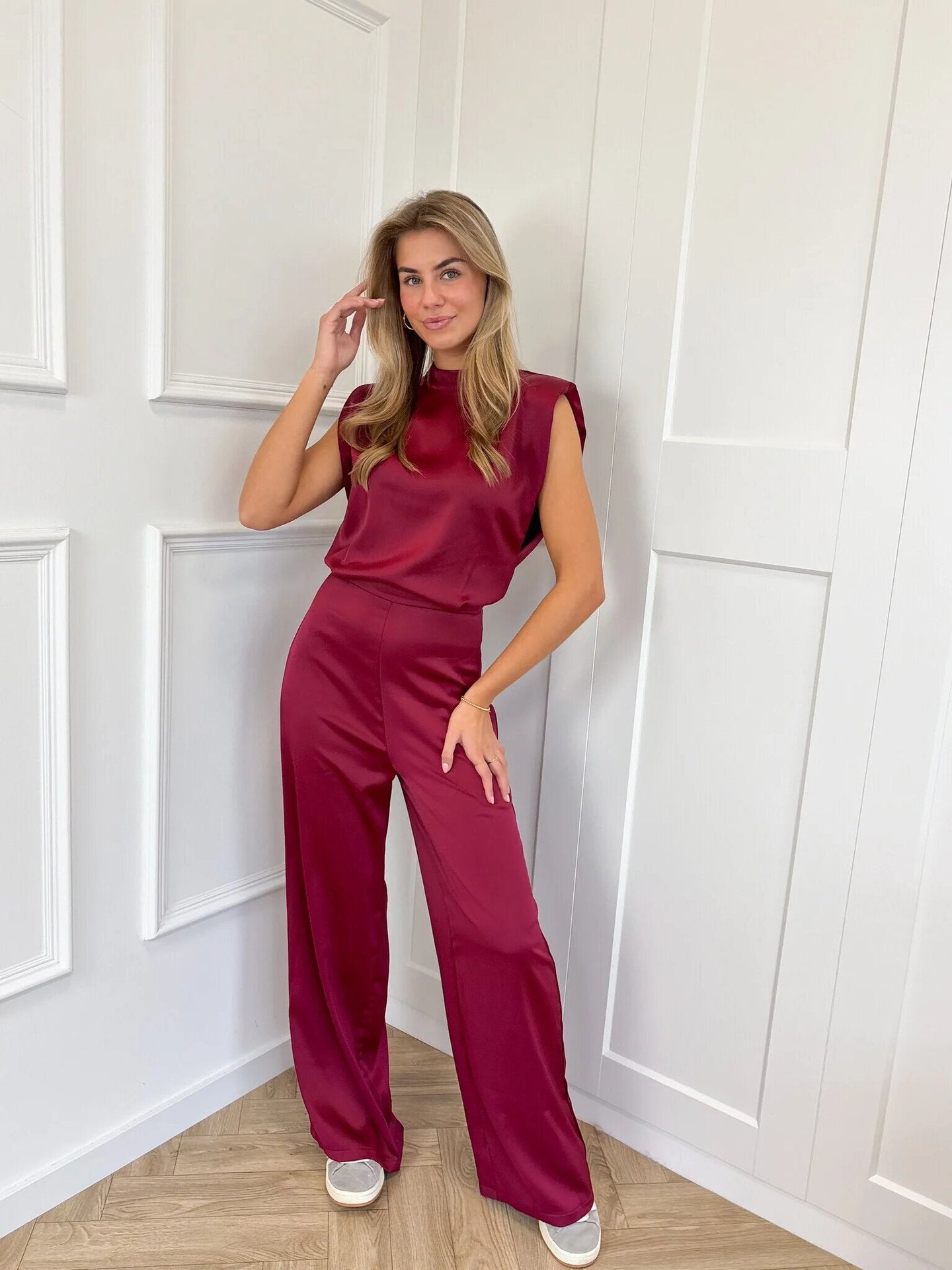 Summer women's clothing solid color Stand Collar sleeveless loose satin Low Back wide-leg jumpsuit 9