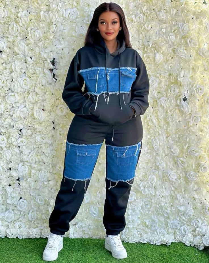 Women Irregular Color-contrast Patchwork Denim Hoodies 9