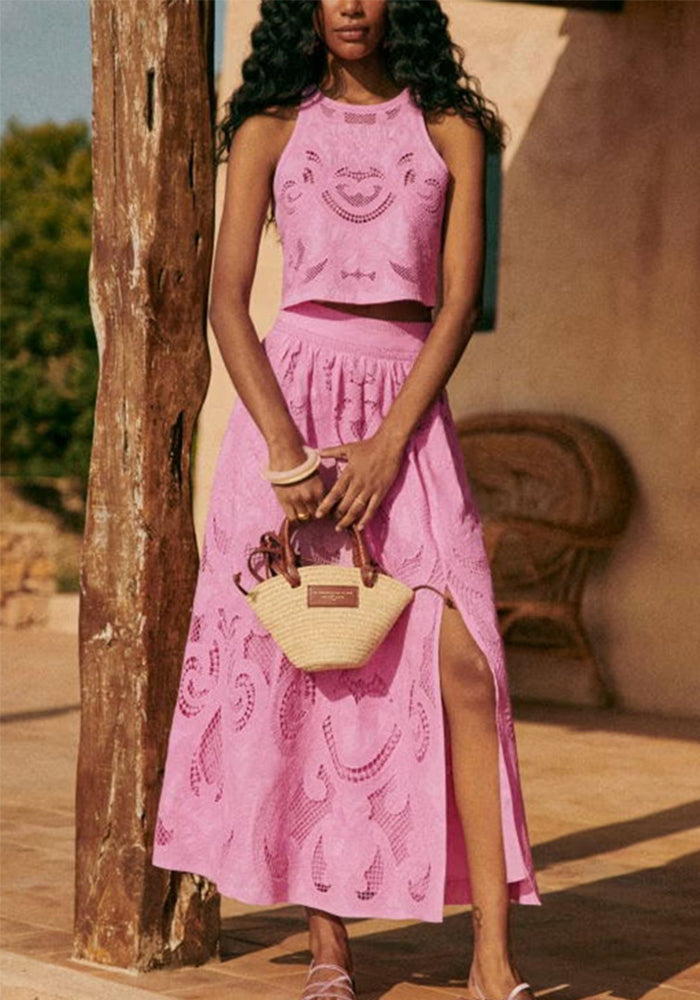 Sleeveless Hollow Casual Loose Holidays Split Two Piece Skirt Set