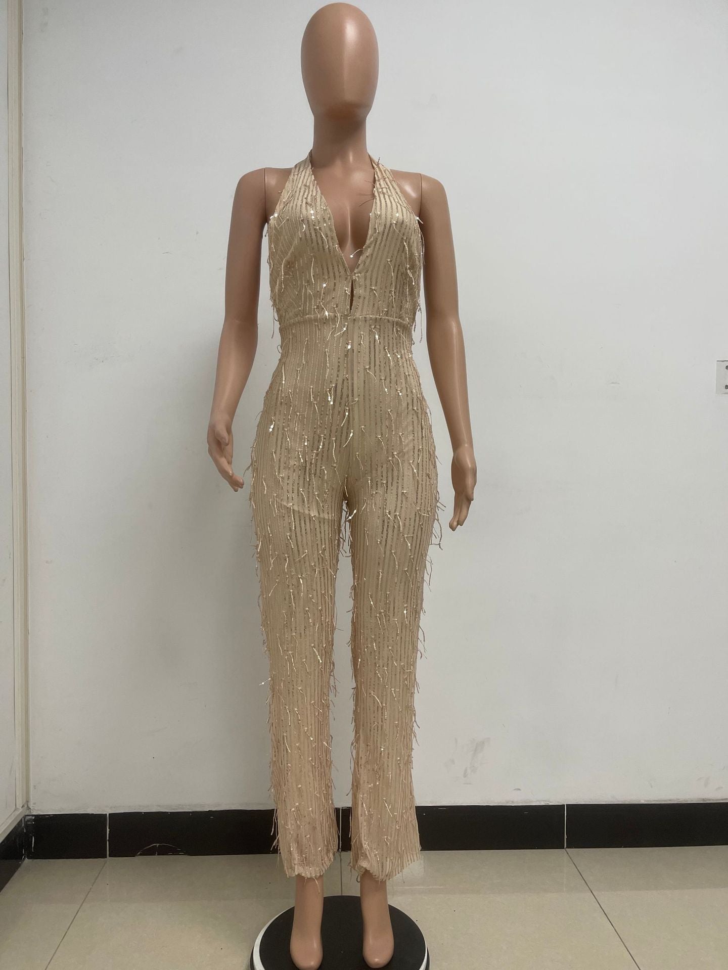 Women's Sleeveless Deep V Halter Neck Low Back Sequin Jumpsuit T 35