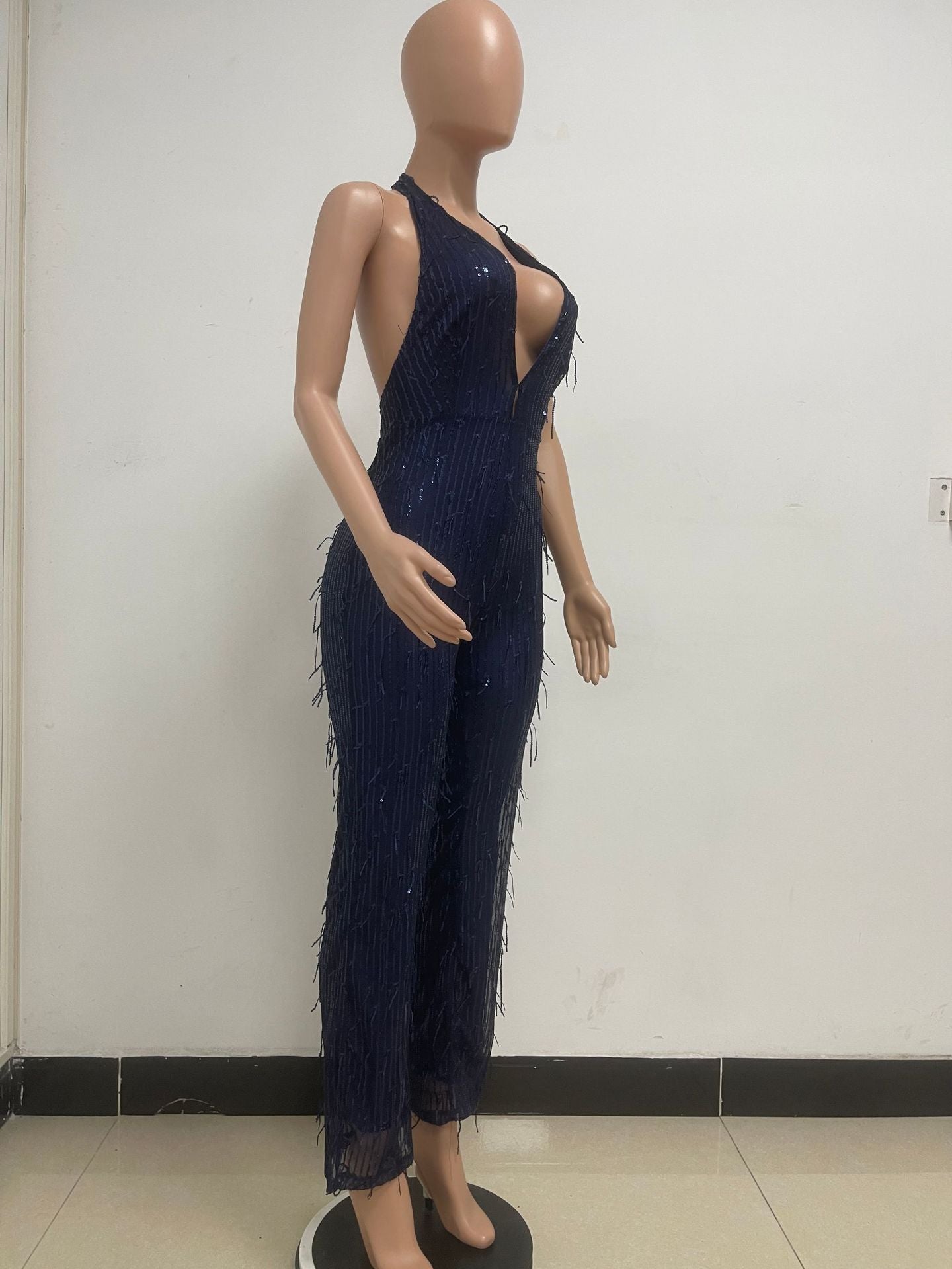 Women's Sleeveless Deep V Halter Neck Low Back Sequin Jumpsuit T 28