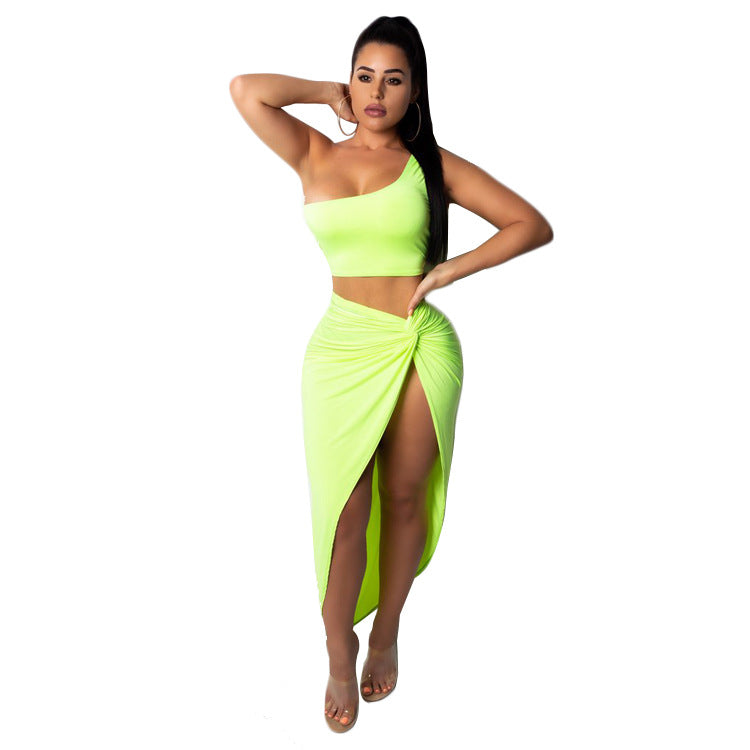 Plus Size Women Crinkled Solid Crop Top And Skirt Two Piece 5