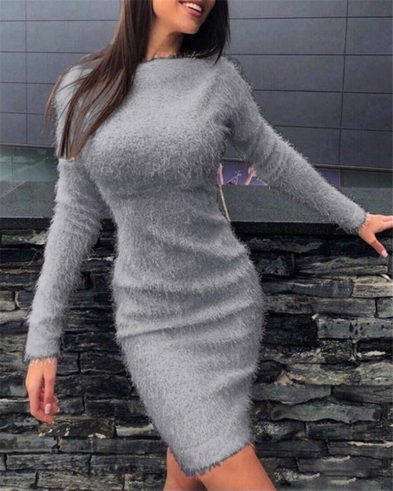 Women's Fall Winter Plush Slim Waist Long Sleeve Dress 4
