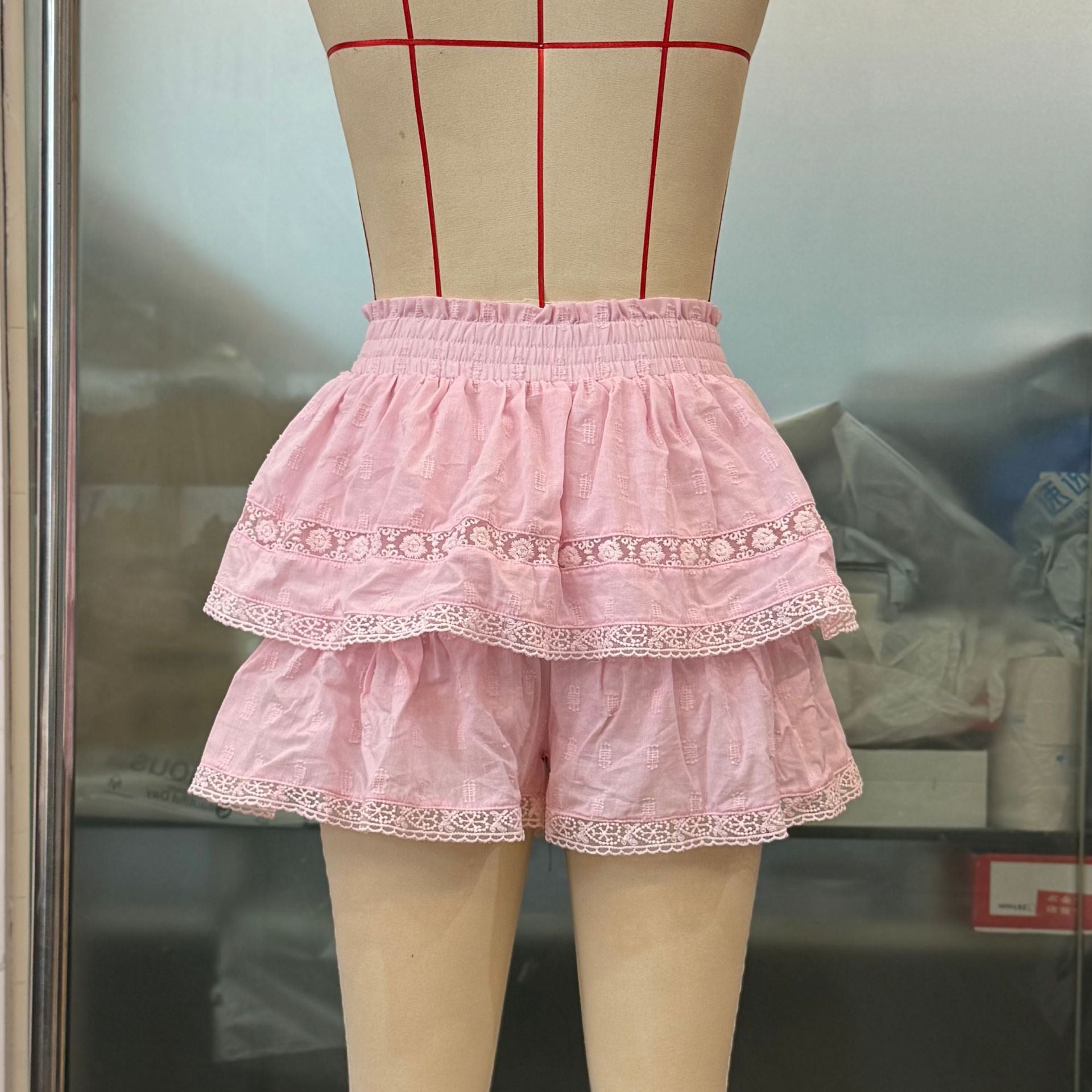 Women Elastic Waist Puffy Layered Lace Cascading Ruffles Skirt Pants 22