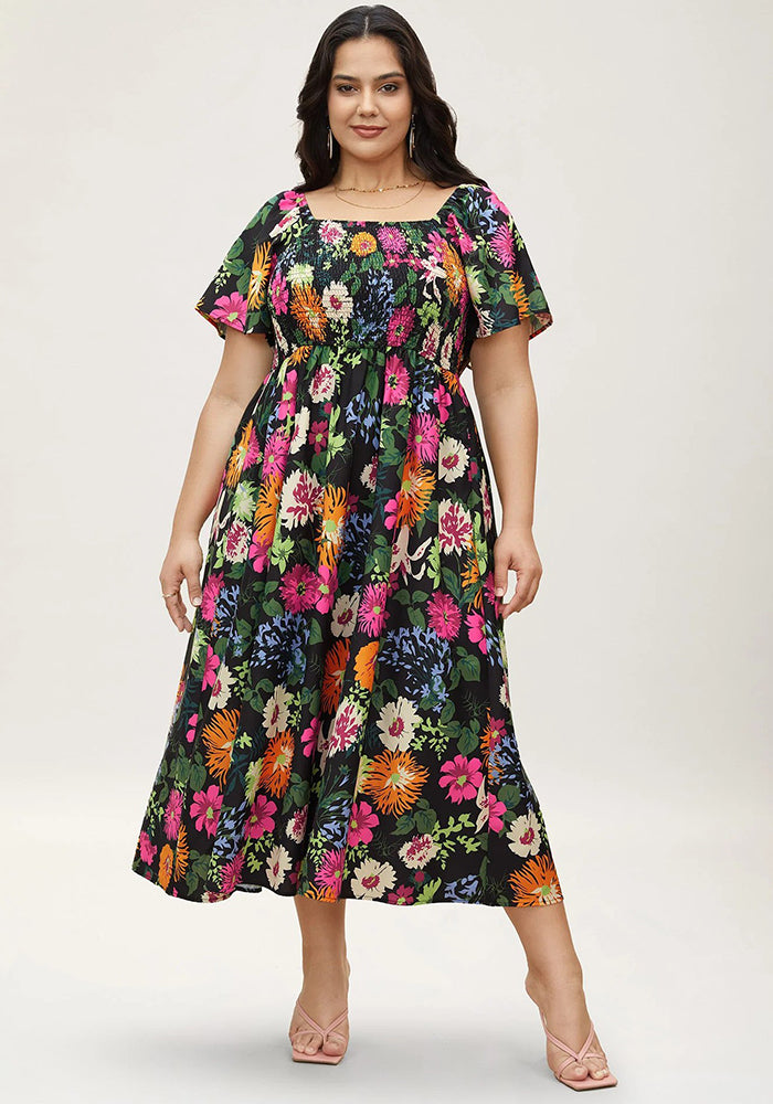 Plus Size Women Summer Square Neck Printed Maxi Dress