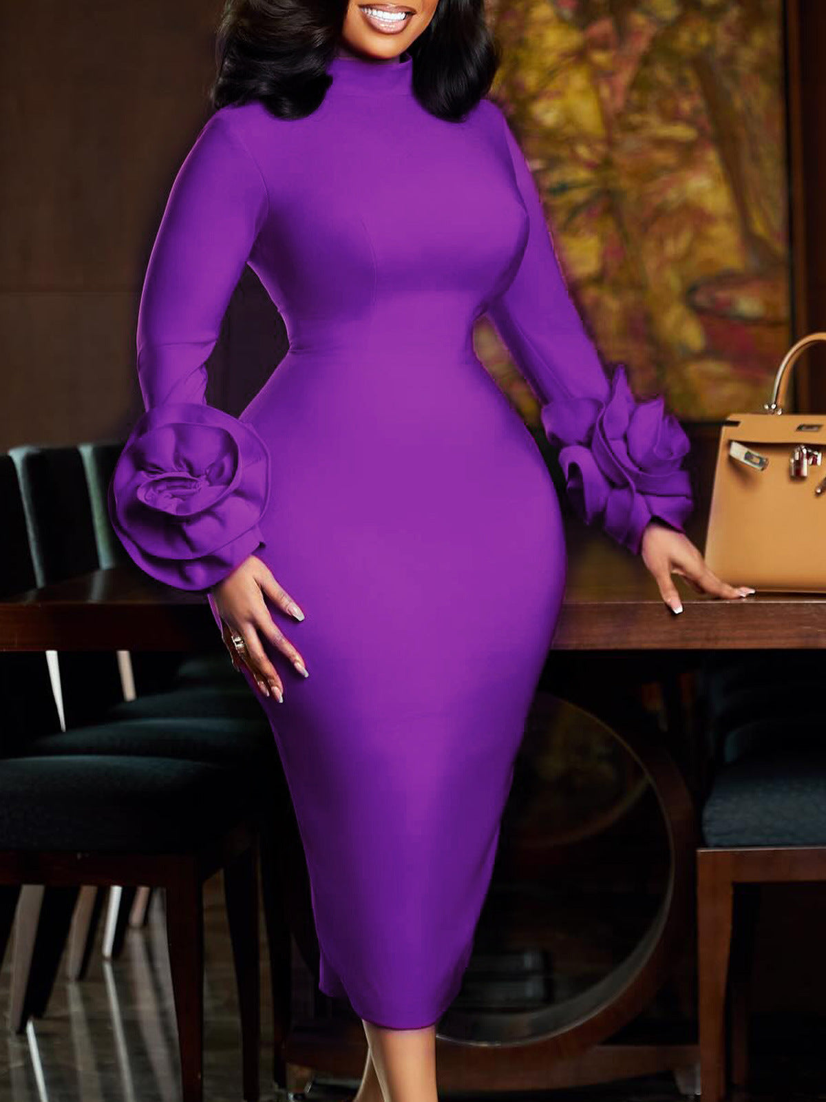 Semi-High Neck Chic Slim Elegant Office Floral Long Sleeve Bodycon Dress 9