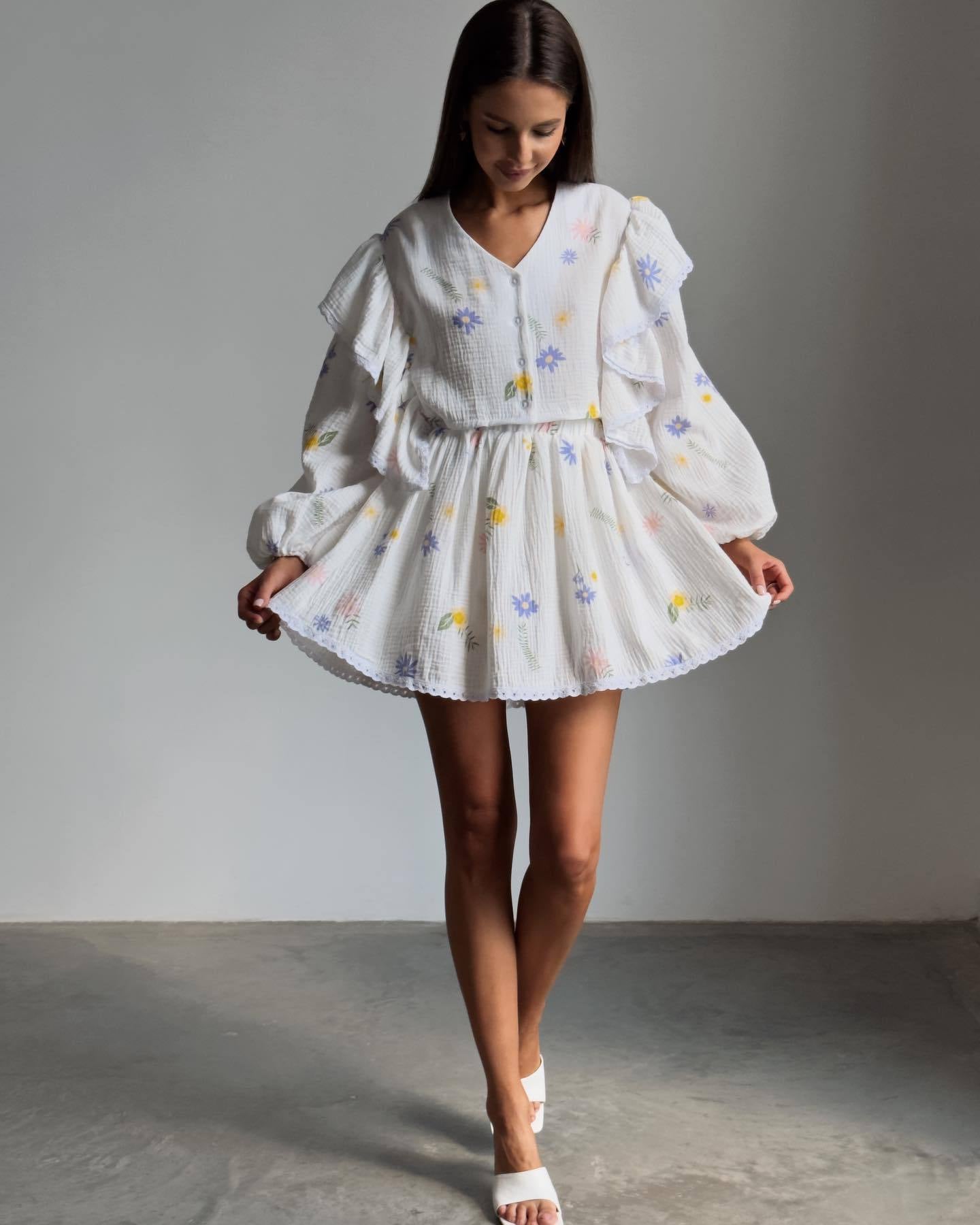 Women Ruffle Strawberry Print Long Sleeve Top and Skirt Two-Piece Set 18