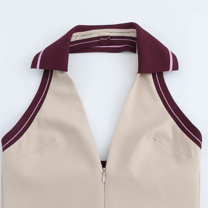 Women Ribbed Patchwork Halter Neck Backless Dress 7