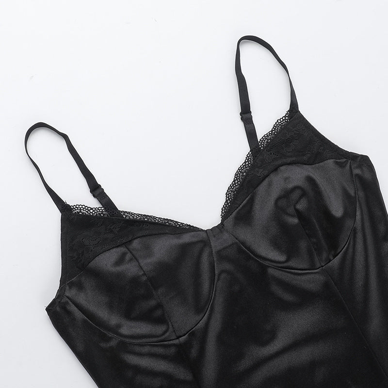 Women spring sexy lace patchwork suspender dress 6